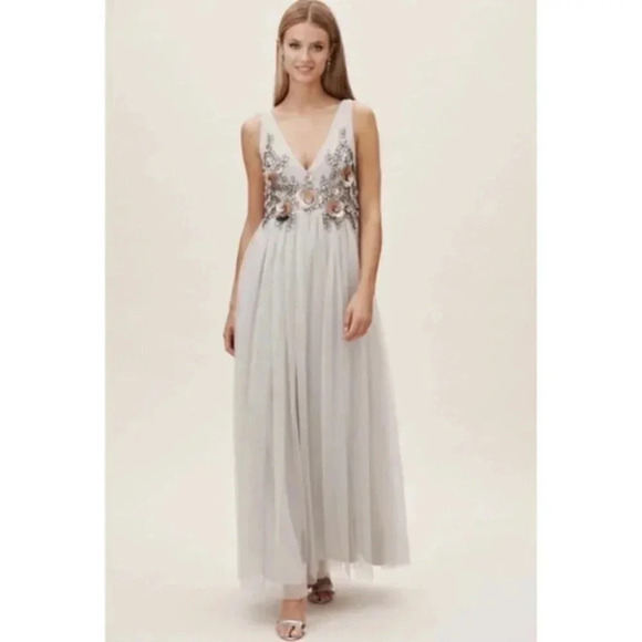 NWT Anthropologie Isabel Maxi Dress Sequins Embellished Wedding in Grey Fog - Picture 1 of 14
